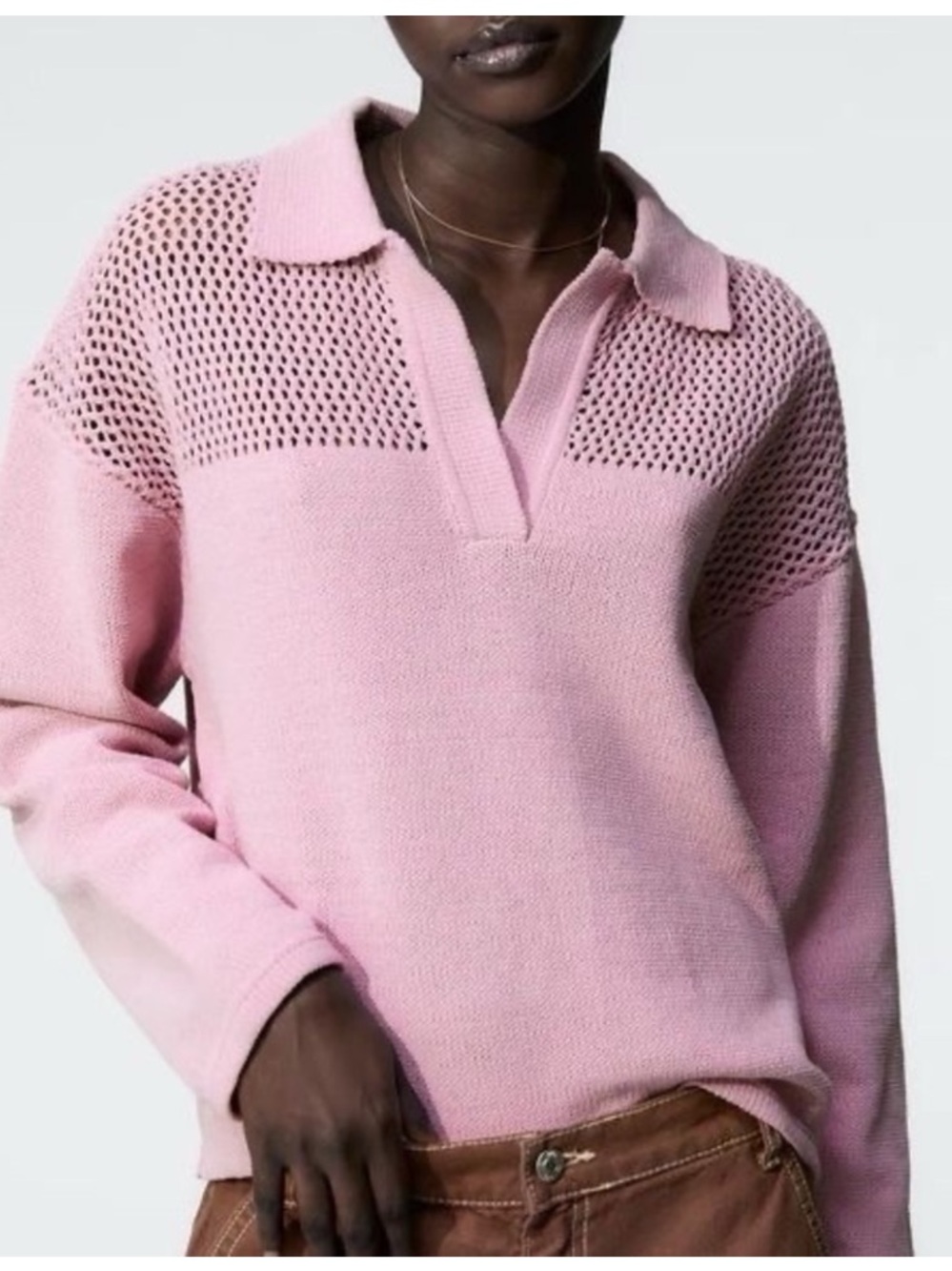 Zara! Relaxed Pink Open Knit Polo Sweater